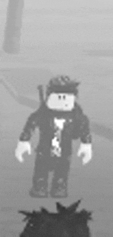 a black and white photo of a roblox character in a foggy room .