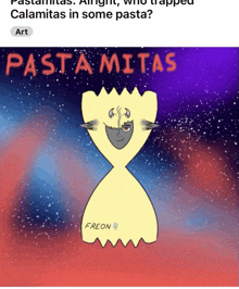 a poster for pasta mitas shows a cartoon character