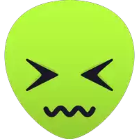 a green alien face with black eyes and a slight curve in the mouth