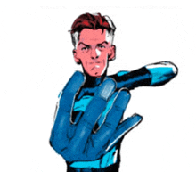 a drawing of a man with a blue glove on