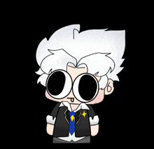 a cartoon character with white hair and glasses is wearing a black jacket and a blue tie .