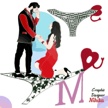 a graphic of a man proposing to a woman with the letter m in the background