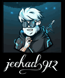 a cartoon drawing of a man with a beard and sunglasses with the name jeehad912 on the bottom