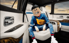 a roblox character is sitting in the back seat of a luxury vehicle