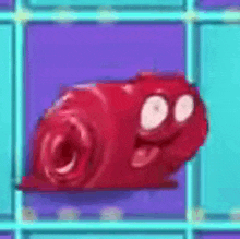 a red cartoon snail is sitting on top of a blue tile floor .