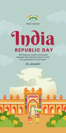 a poster for india republic day shows a man and woman holding flags