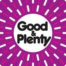 a purple and white logo with the words `` good & plenty '' in a white circle surrounded by purple rays .