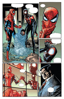 a page from a comic book shows spider-man and miles morales talking to each other