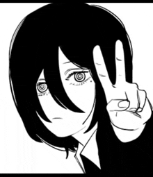 a black and white drawing of a girl making a peace sign with her hand .