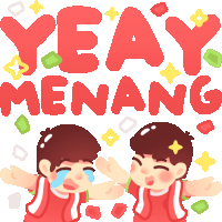 a sticker that says yeay menang with two boys in red shirts