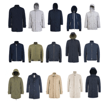 a collection of men 's jackets with hoods on them