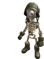 a cartoon skeleton is wearing a helmet and boots