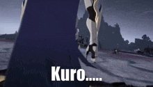 a video game character is standing in front of a mountain and says kuro .