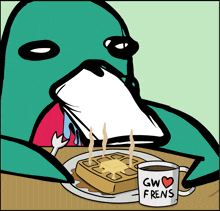 a cartoon of a person eating waffles next to a cup that says gw frens on it