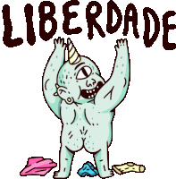 a cartoon drawing of a naked unicorn with the word liberdade written above it