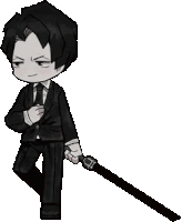 a black and white cartoon of a man in a suit and tie holding a sword