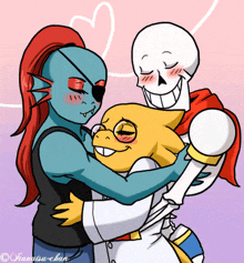 a couple of cartoon characters are hugging each other and one of them is a skeleton .