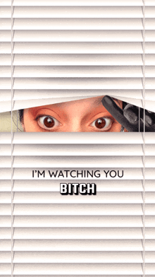 a woman looking through blinds with the words i 'm watching you bitch