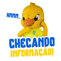 a yellow duck mascot is talking on a cell phone with the words checando informacao below him