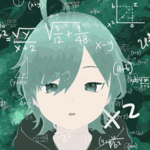 a girl with green hair is surrounded by mathematical equations such as x + y