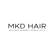 a black and white logo for mkd hair which offers balayage blondes color and style