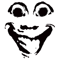 a black and white drawing of a smiling face with big eyes and a mouth open .