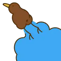 a cartoon drawing of a brown bird with a yellow beak flying over a blue cloud