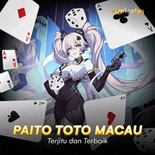 an advertisement for paito toto macau shows a girl holding dice