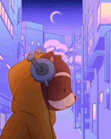 a cartoon of a bear wearing headphones in a city