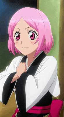 a girl with pink hair and red eyes is wearing a kimono