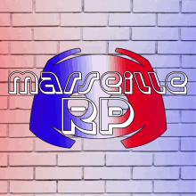 a red white and blue logo for marseille rp on a brick wall