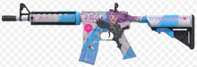 an assault rifle with a girl on the grip