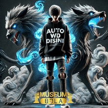 a man wearing a hoodie that says auto wd disini stands in front of two werewolves