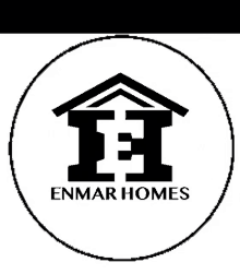 a black and white logo for enmar homes in a circle on a white background