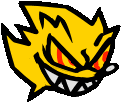 a cartoon drawing of a yellow and black monster with red eyes and teeth .