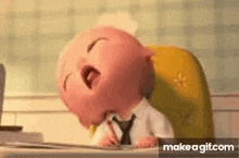 a cartoon baby is yawning while sitting at a desk with a pen in his mouth .