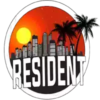 a logo for resident with a city skyline and palm trees in the background