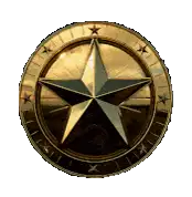 a gold coin with a black star in the center and stars around it