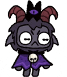 a cartoon sheep with horns and a skull around its neck is wearing a purple cloak .