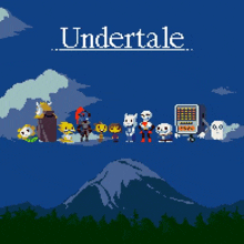 a group of undertale characters are standing next to each other on a mountain .