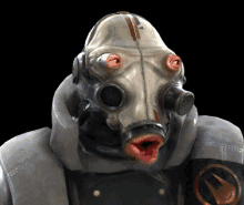 a man wearing a gas mask with a red mouth