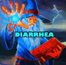 a wizard is holding a book with the word diarrhea on it .