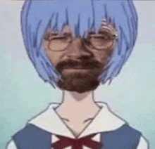 a man with a beard and blue hair is dressed as a girl with glasses .