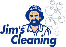 a logo for jim 's cleaning shows a man with a beard and soap bubbles