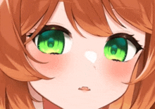 a close up of a anime girl 's face with green eyes