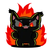 a cartoon drawing of a black cat with red flames behind it