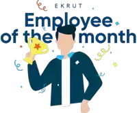 a man holding a trophy with the words employee of the month above him