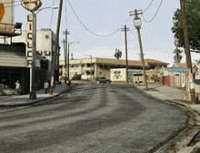 a street with a liquor store on the right