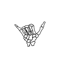 a drawing of a skeleton hand making a hang loose sign .