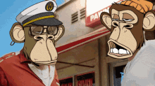 two cartoon monkeys are standing in front of a building that says pay